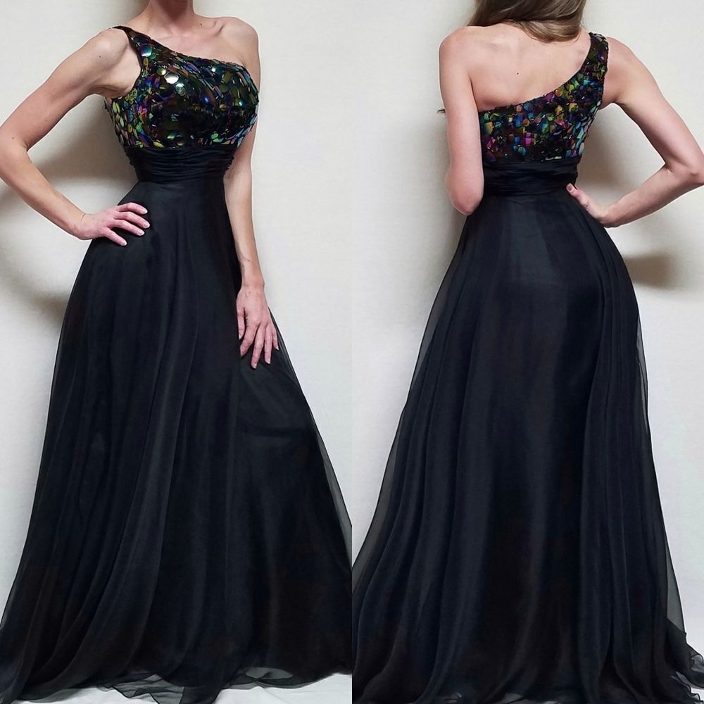 PARTYTIME Black Chiffon Multi-color Mosaic Jewel One-Shoulder Ruched Maxi Dress